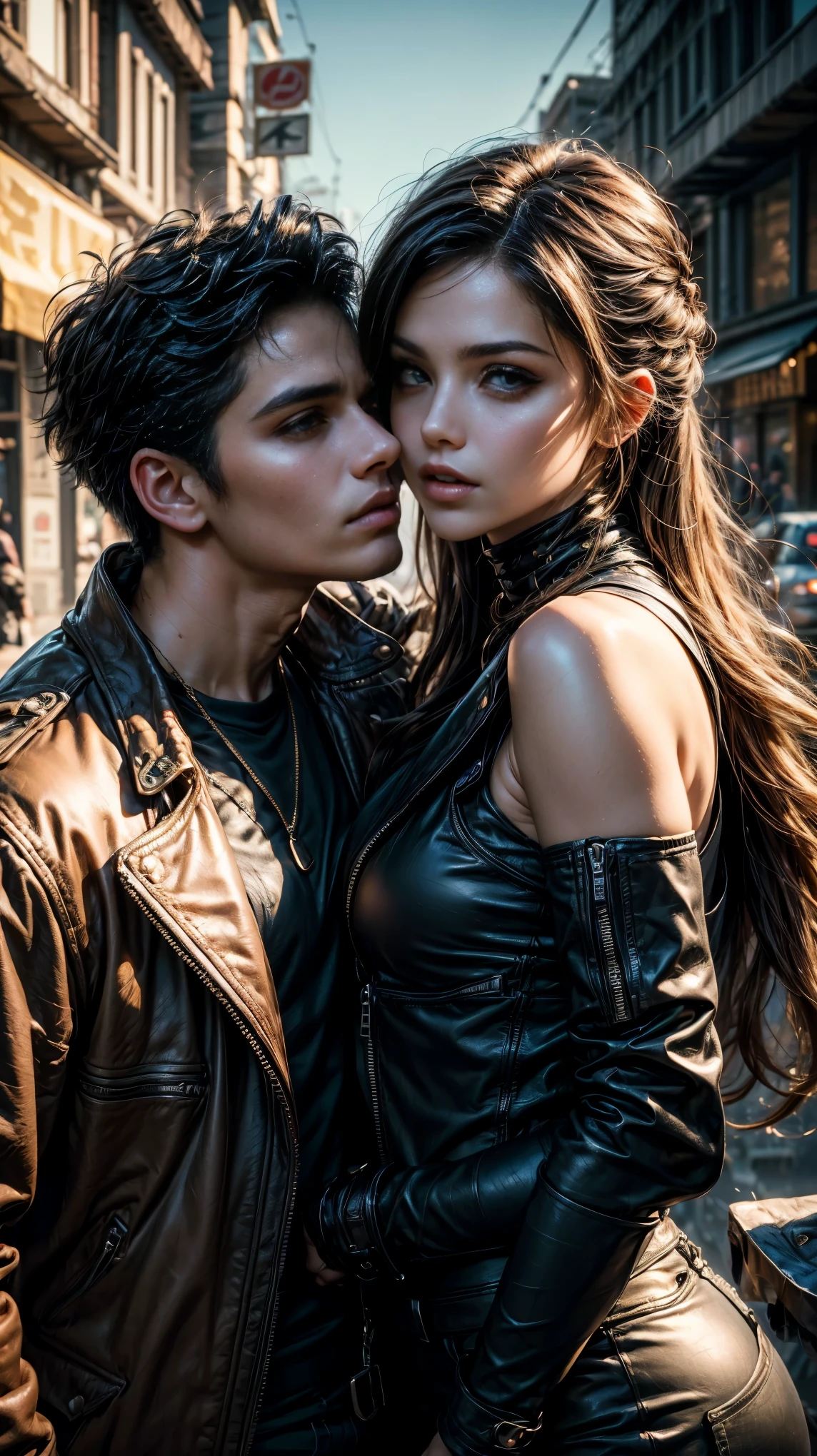 8K high resolution and sharp image. The image must be super original and complex, with a variety of beautiful and vibrant colors.(masterpiece, Best Quality),Incredibly beautiful young heterosexual couple kissing face to face on the streets, This illustration captures a beautiful radiant punk style., flowing hair... dressed in Mad Max style, He wears a leather pilot&#39;s cap adorned with intricate ornamentation, a torn leather jacket covering his torso adorned with numerous metal studs and ornaments. Her outfit is completed with punk-inspired pants and combat boots.....She poses dynamically and sensually..., her captivating expression, radiating an aura of confidence and defiance. The backdrop to this masterpiece is nothing short of epic....,at night, showing a destructive scene of apocalyptic explosions, 32K.of_DeepNegative_v1_75t