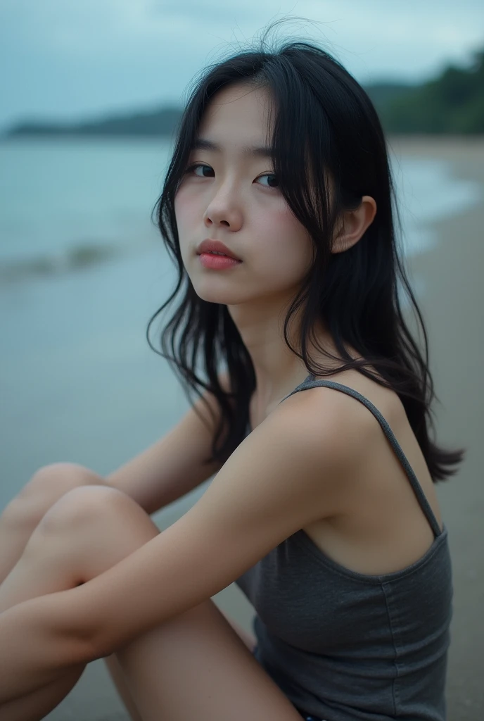 (((One girl,alone))),(Highly realistic photos, High resolution, Detailed face, Beautiful Eyes) Japanese women, 30 years old, Cute Face, Nice body, Medium chest, ,Hairstyle, Healthy Body,Thighs、turn over、Depth of written boundary,Narrow eyes,Light Smile、Wind、It&#39;s raining a little、Body like a model、Waterfront、Dark Shadow、Dark Sky、Sit down and spread your legs,(ビキニスタイルのBeachバレーユニフォーム:1.5),Beach