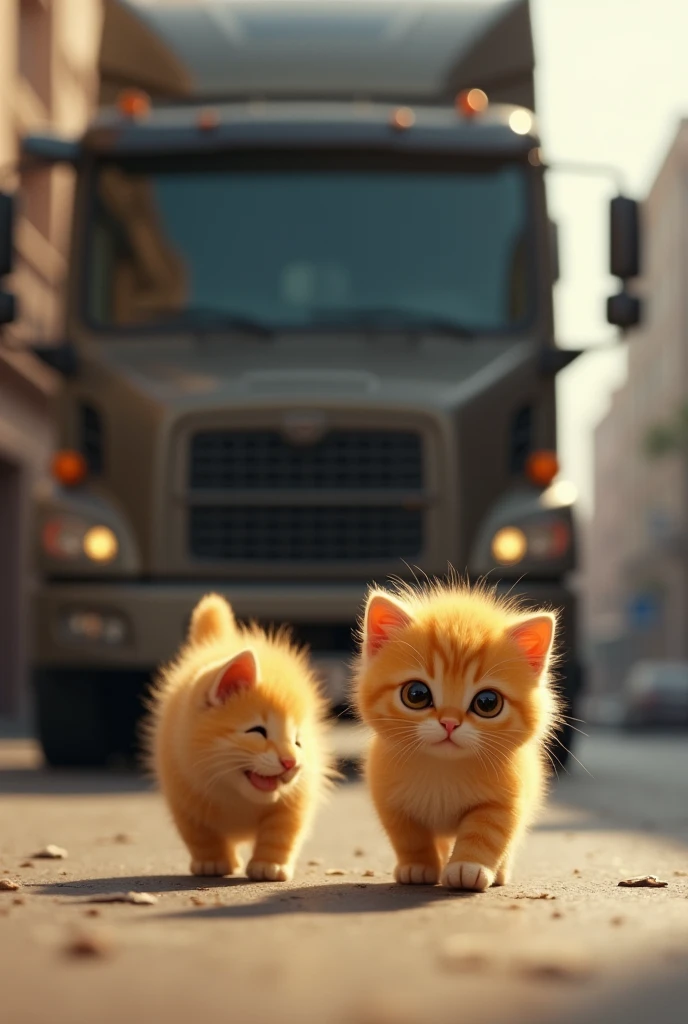 A yellow kitten and its mother walking in front of a truck