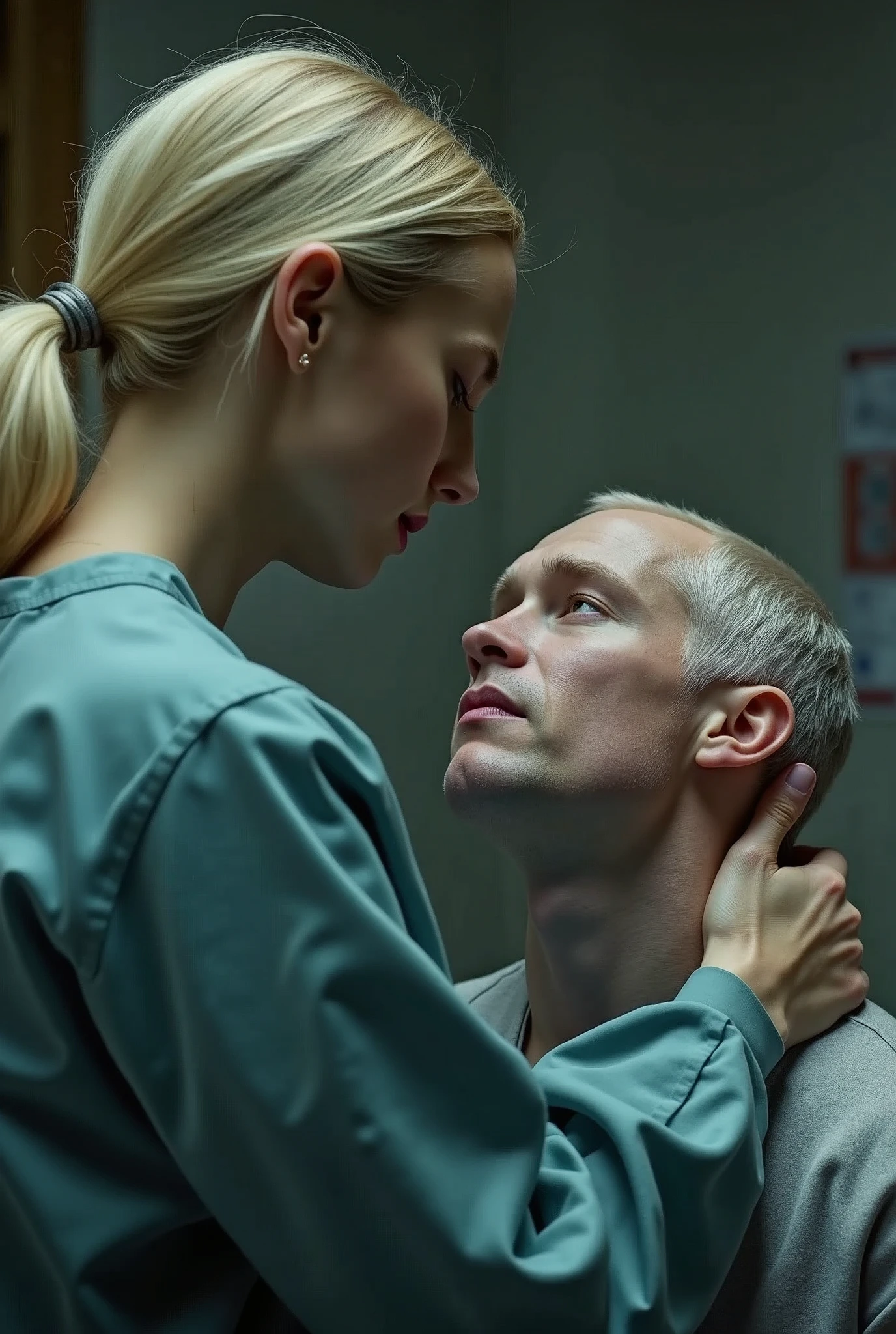 Realistic image showing Draco Malfoy being cared for by Meredith Grey 