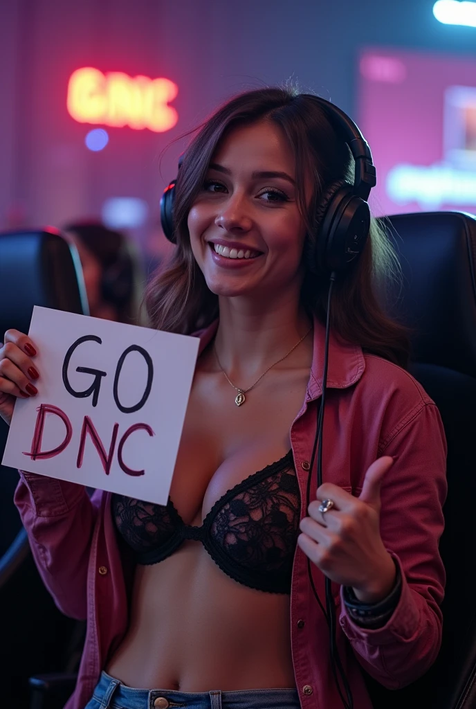a beautiful woman with beautiful breasts, open shirt flattering your cleavage, rooting for a league of legends team, holding a sign that says GO DNC, in a competitive gaming environment
