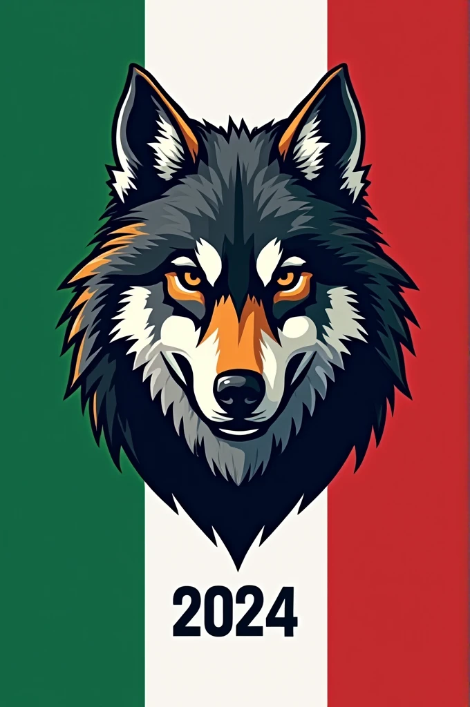 create a flag with the colors of Italy with the head of a wolf written 2 year D 2024