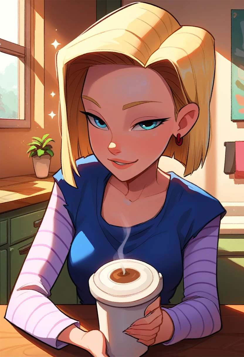 Jabstyle, android 18, pov, home kitchen, loving expression, offering coffee to viewer, early morning, shadows, romantic, sparkles, alluring, lewd