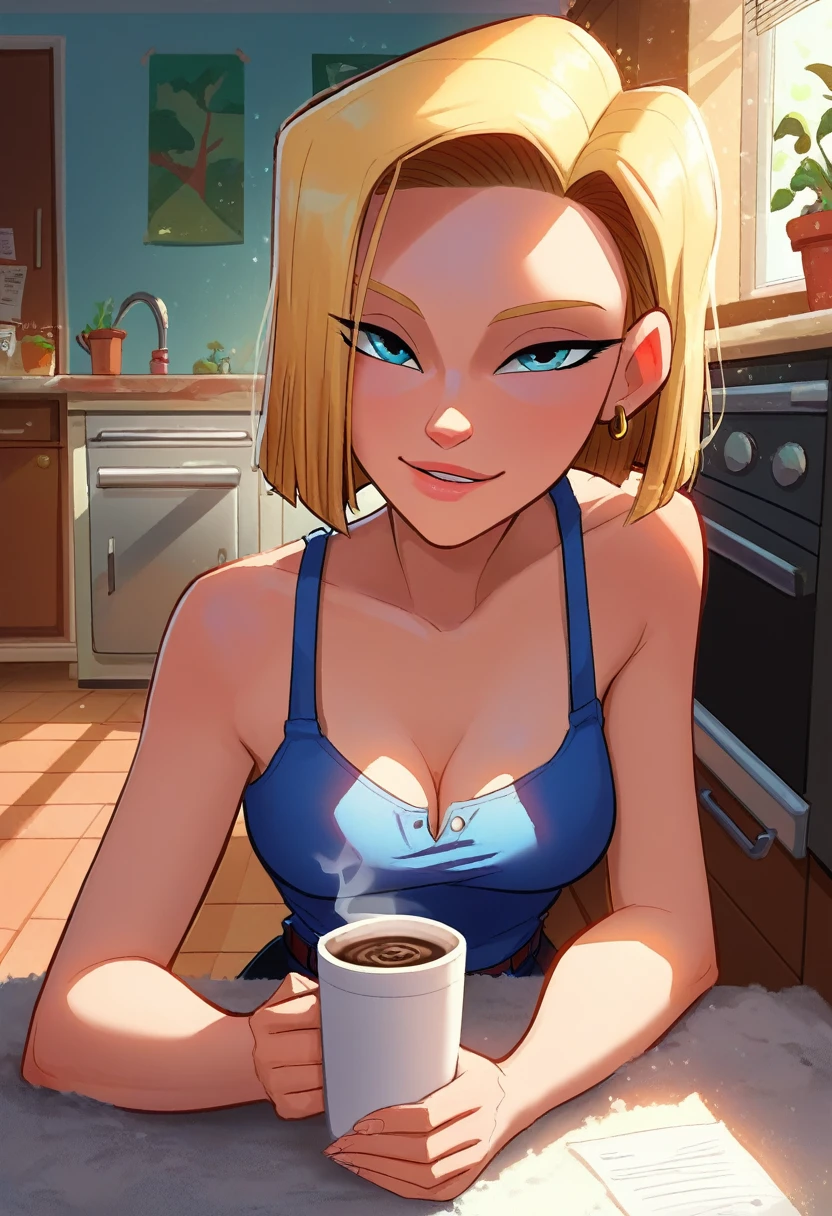 Jabstyle, android 18, pov, home kitchen, loving expression, offering coffee to viewer, early morning, shadows, romantic, sparkles, alluring, lewd