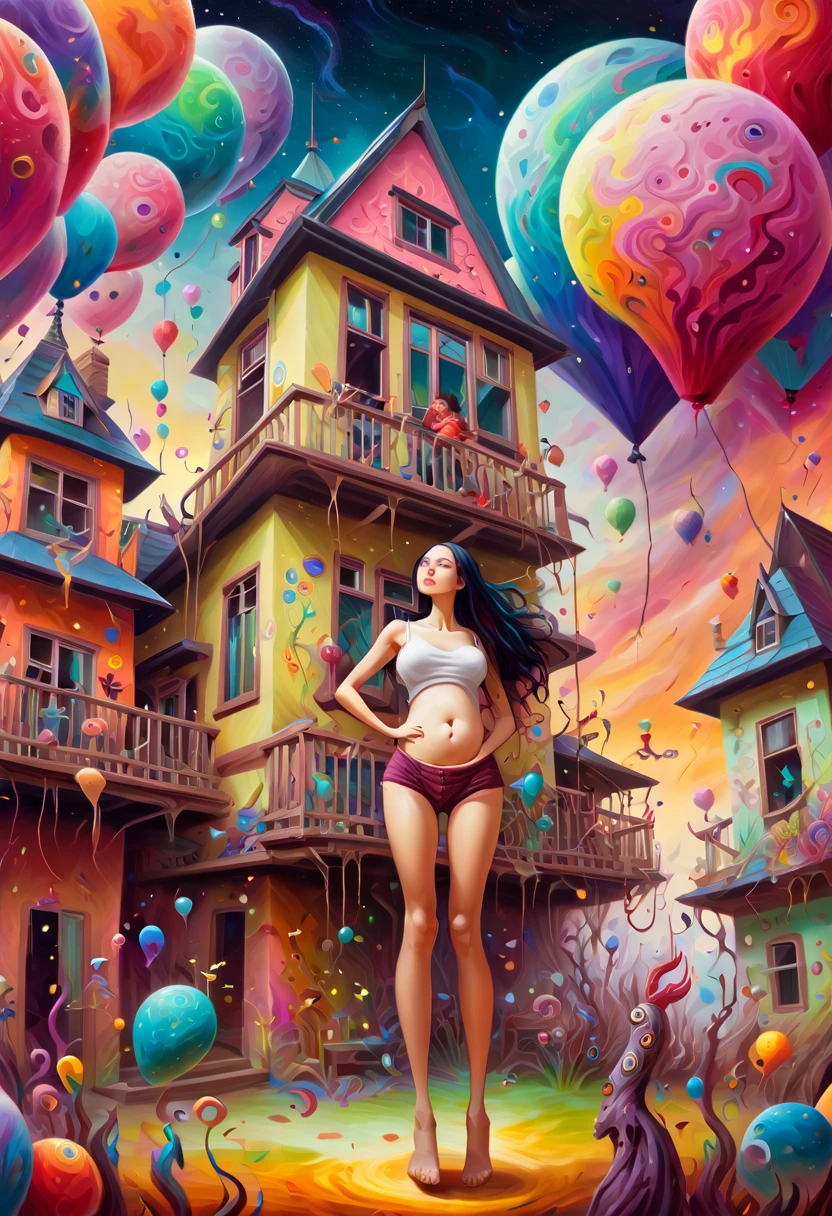 Vibrant surrealism in the style of Tony Sandoval, A stunning girl amidst an enormous house filled with fantastical and colorful beings, each contributing to a mesmerizing dreamscape, full body, belly heavy inflation