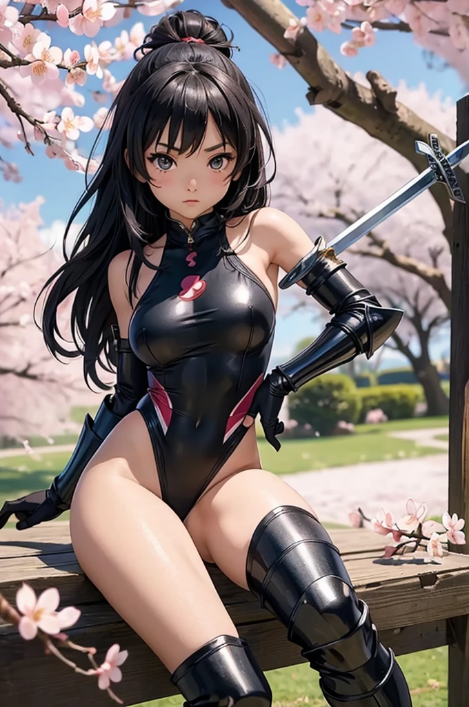a bit, Warrior Girl, Black high leg swimsuit, sword,armor、cherry blossoms,Cute girl,