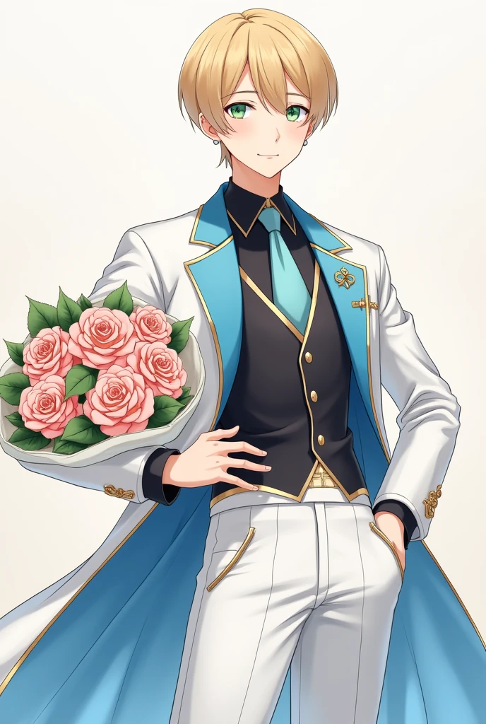 17 year old boy with golden hair, light sea green eyes white skin , Lean, with earrings in the ears, formal wear, white cover inside the cover fabric similar to blue silk, gold accents prendendo uma parte da ponta de cima da capa na outra,part of fur on the top and bottom of the coat,calça branca com gold accents na cintura , top of black clothes, gold accents, gravata azul clara com gold accents, sleeves of white clothes, pose with hand on waist showing part of white sleeve while holding a bouquet of roses in the other. アニメ