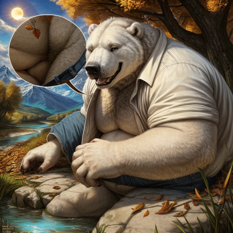 Obese, Overweight male, anthro, polar bear), barazoku, anthro, jeans, open shirt, outdoors, path, river, trees, falling leaves, sun, mountains, clouds, close up, (happy), (by rembrandt van rijn:1.1), (detailed background:1.2), (high detail:1.2),(masterpiece, countershading, detailed),