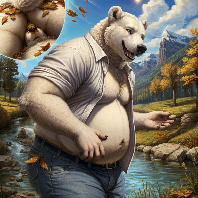 Obese, Overweight male, anthro, polar bear), barazoku, anthro, jeans, open shirt, outdoors, path, river, trees, falling leaves, sun, mountains, clouds, close up, (happy), (by rembrandt van rijn:1.1), (detailed background:1.2), (high detail:1.2),(masterpiece, countershading, detailed), scary bloody