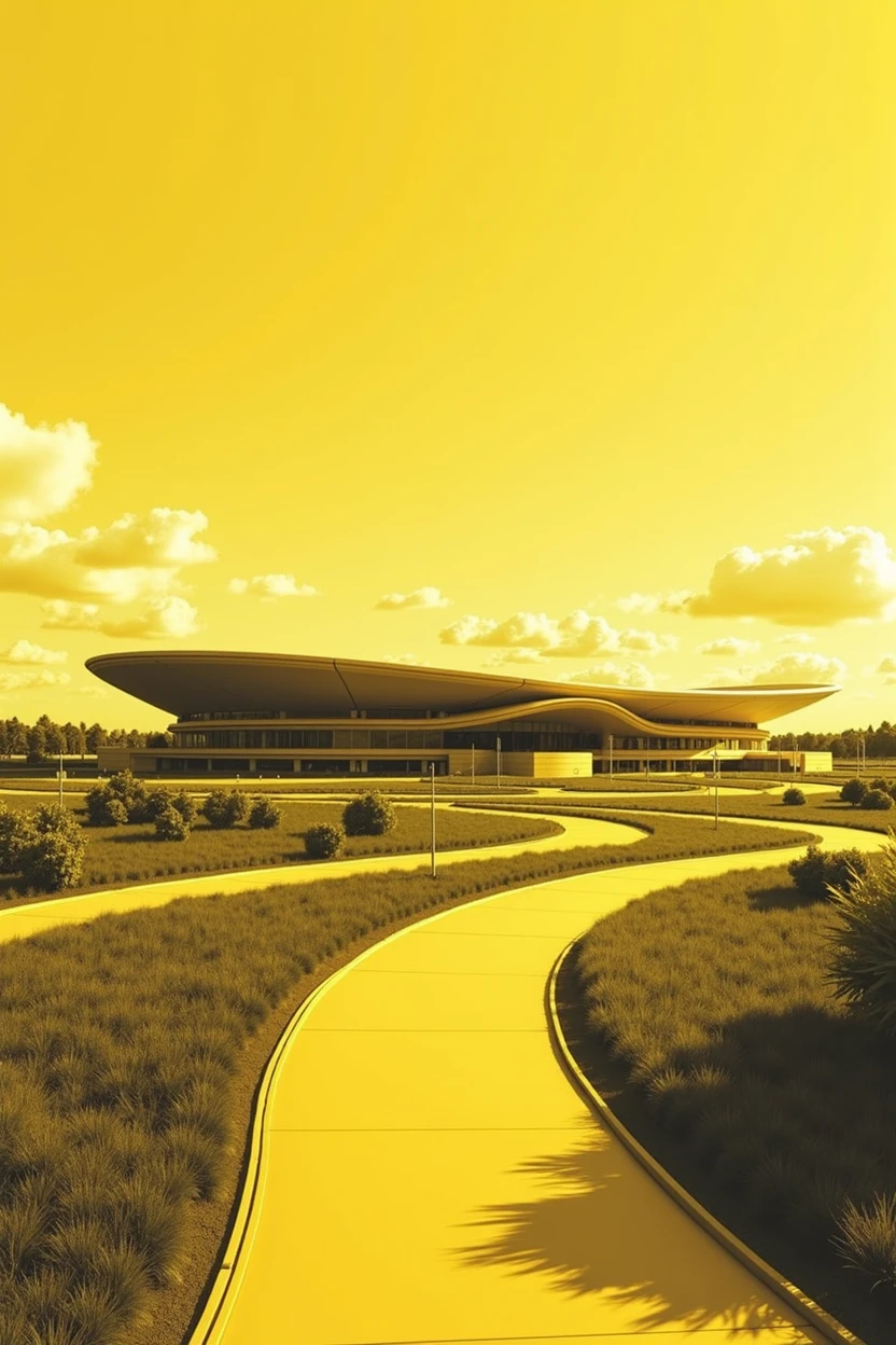 CREATE A HORIZONTAL URBAN PROFILE THAT REPRESENTS LANDSCAPE AND AESTHETICS FOR A MAIN ROAD, CONSIDERING THAT THE PROJECT IS AN OLYMPIC STADIUM WITH A RECTANGULAR SHAPE, WHICH ON THE OUTSIDE IS A SPORTS COMPLEX THAT EXPANDS AROUND THE STADIUM, THEREFORE THE IMAGE SHOULD BE A MONOCHROME ILLUSTRATION TYPE IN YELLOW.