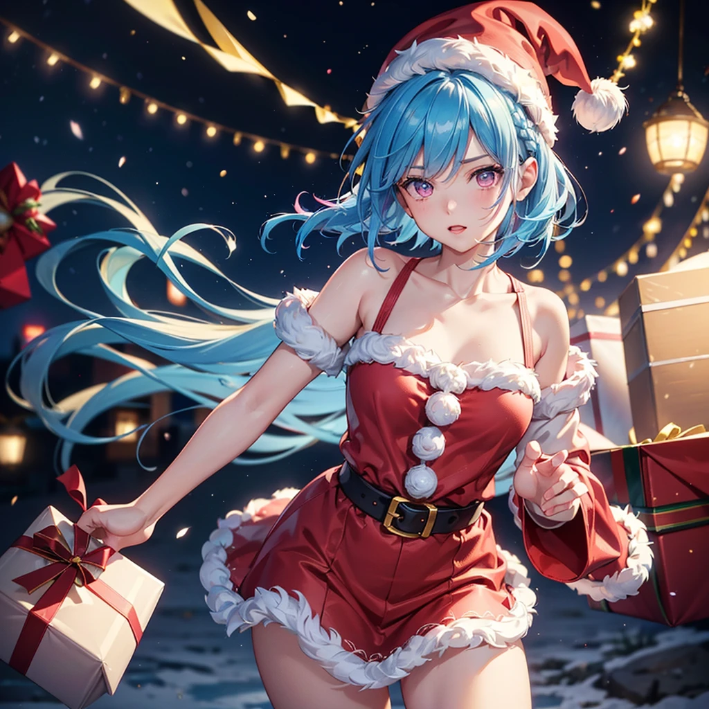 (Sky blue hair),(Braided short hair), (Pink Eyes),Fair skin) ,(whole body),(One Girl),(Gift boxes filling the background),(Santa Claus clothes),Santa Claus hat,Santa Claus in a hurry,(Christmas Party),(masterpiece, Highest quality, Very detailed, Best Shadow), (Detailed Background), (Beautifully detailed face), High Contrast, (Best lighting, Very delicate and beautiful), ((Cinematic Light)), Hyper Detail,8k, Dramatic Light, Intricate details,night,flying sled