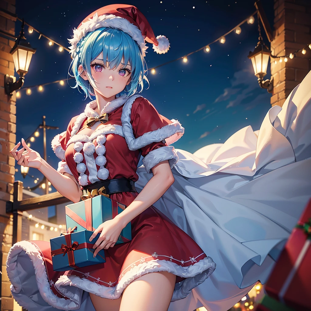 (Sky blue hair),(Braided short hair), (Pink Eyes),Fair skin) ,(whole body),(One Girl),(Gift boxes filling the background),(Santa Claus clothes),Santa Claus hat,Santa Claus in a hurry,(Christmas Party),(masterpiece, Highest quality, Very detailed, Best Shadow), (Detailed Background), (Beautifully detailed face), High Contrast, (Best lighting, Very delicate and beautiful), ((Cinematic Light)), Hyper Detail,8k, Dramatic Light, Intricate details,night,flying sled