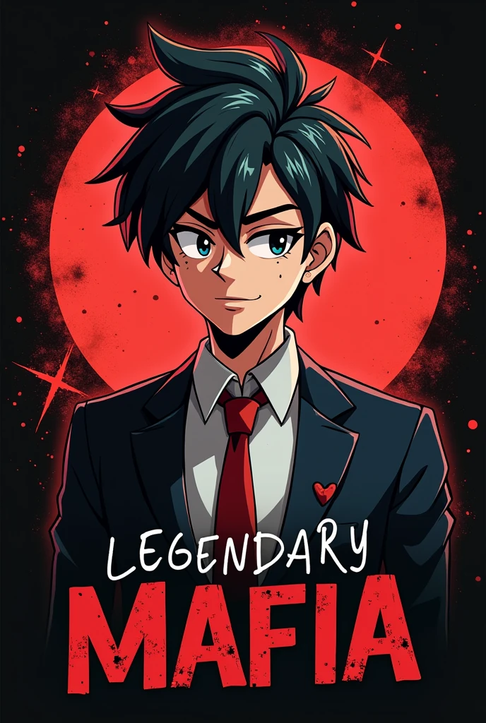 Make a logo for a guild called Legendary Mafia, with a comical tone, the art used on the character must be from anime. And the colors must match the character created.. It must be written in Portuguese.