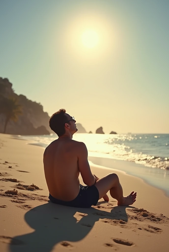 Now create an image of this same man on the beach, soaking up the sun.

