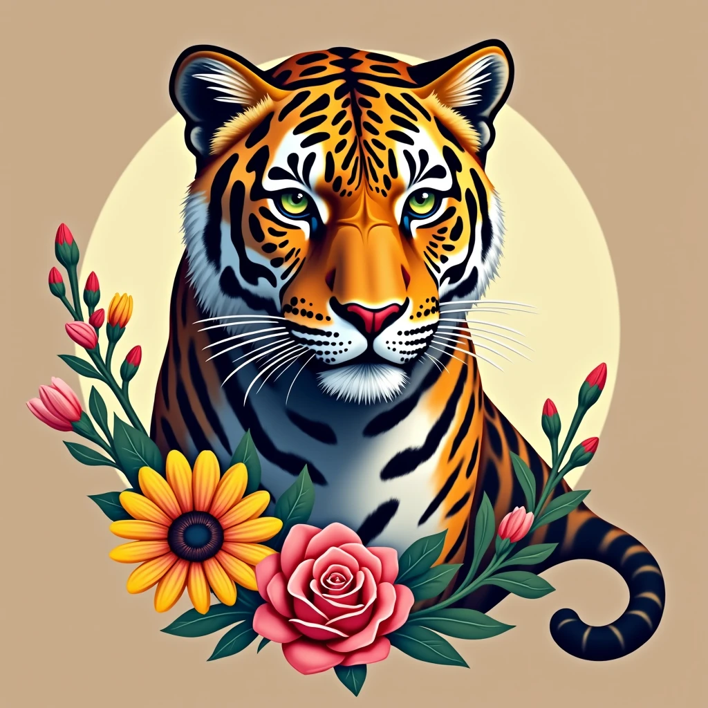 Create a fantastic Amazonian jaguar,inside a frame made of flowers,tail of jaguar,tail in the background. A mix of jaguar and tiger,leopard spots on the face, flowers in the head, sunflower, lilies, daisy, roses, color full, rainbow colours,spectacular, vibrant, no signature, no watermark,t-shirt art