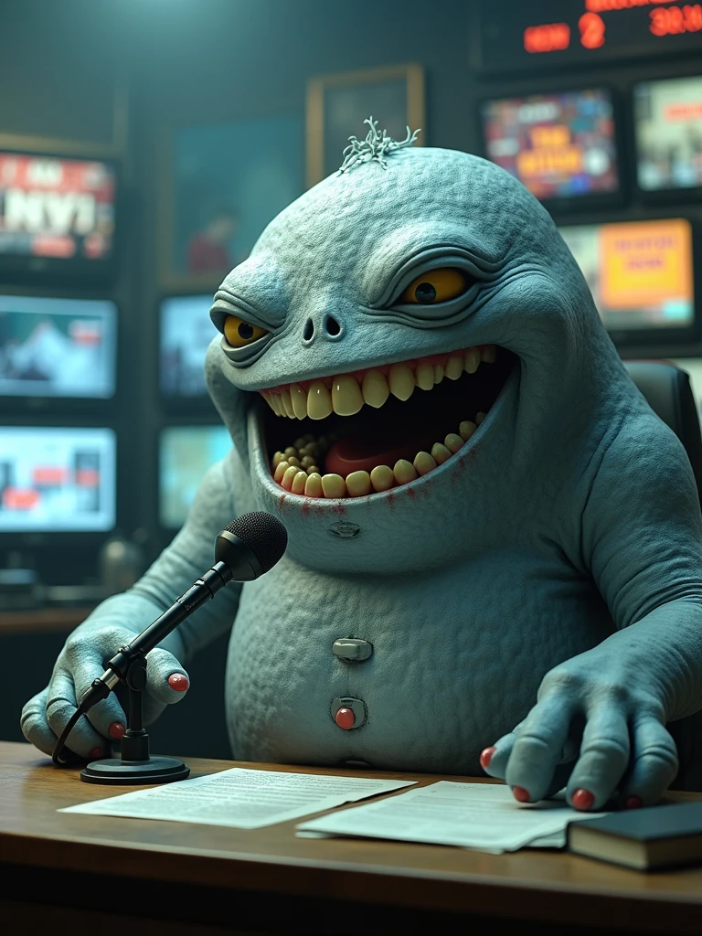 A cinematic and surreal scene where a giant grey, blueish blob serves as the news anchor. The monster, with a wide toothy grin, sits at the news desk, holding a microphone and speaking into it. The background reveals a chaotic newsroom with various monitors displaying breaking news. The overall atmosphere is a mix of retro and modern, with a touch of horror and comedy. The monster's eyes have a human-like expression, and his body seems to be made of newspaper-like scales., cinematic