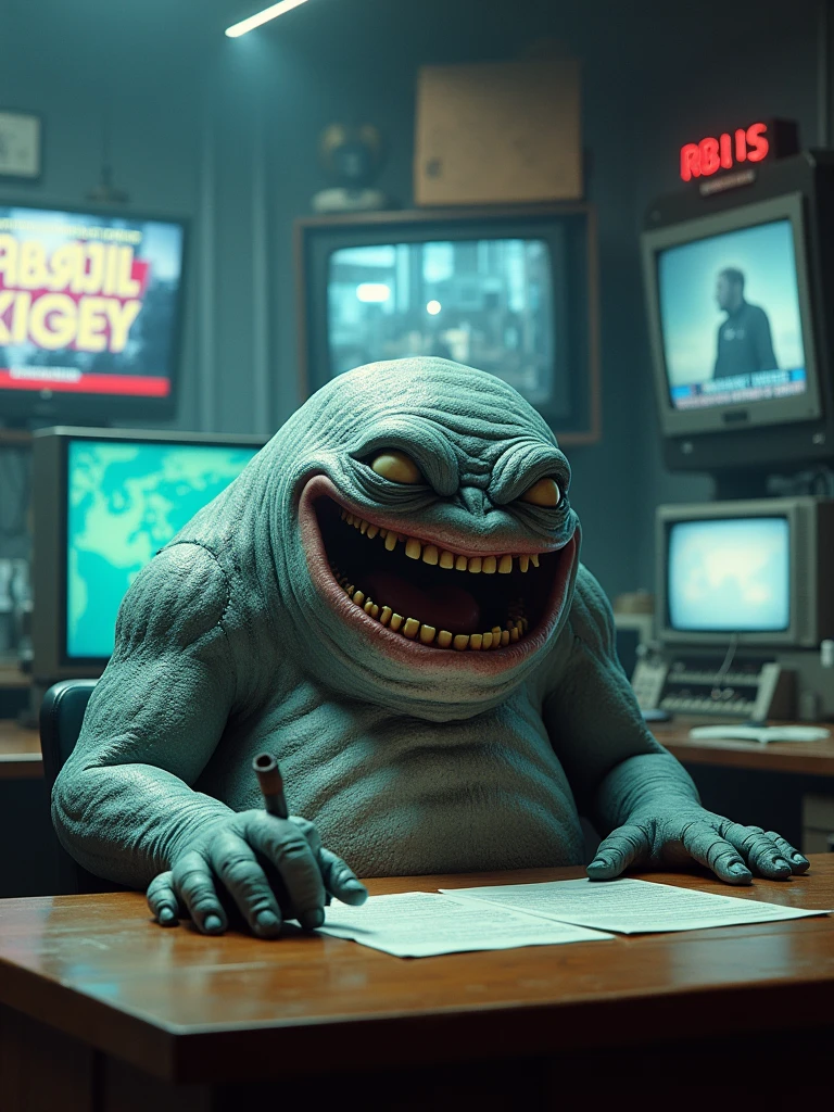 A cinematic and surreal scene where a giant grey, blueish blob serves as the news anchor. The monster, with a wide toothy grin, sits at the news desk, holding a microphone and speaking into it. The background reveals a chaotic newsroom with various monitors displaying breaking news. The overall atmosphere is a mix of retro and modern, with a touch of horror and comedy. The monster's eyes have a human-like expression, and his body seems to be made of newspaper-like scales., cinematic