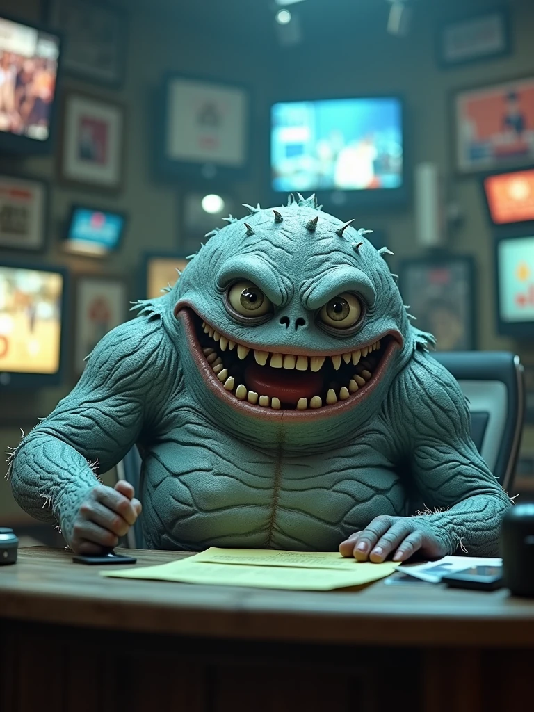 A cinematic and surreal scene where a giant grey, blueish blob serves as the news anchor. The monster, with a wide toothy grin, sits at the news desk, holding a microphone and speaking into it. The background reveals a chaotic newsroom with various monitors displaying breaking news. The overall atmosphere is a mix of retro and modern, with a touch of horror and comedy. The monster's eyes have a human-like expression, and his body seems to be made of newspaper-like scales., cinematic