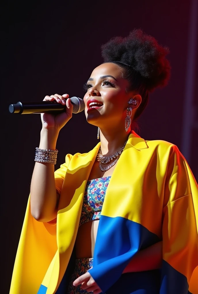 Cardi B giving a concert in Ecuador dressed in the color of the Ecuadorian flag along with the president