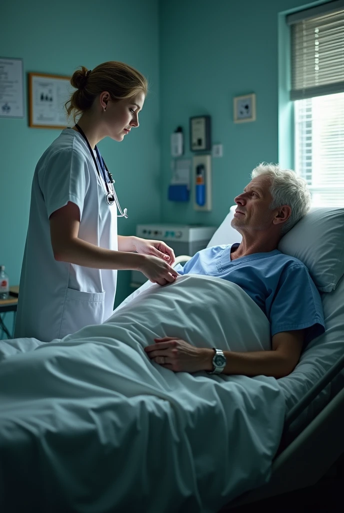 Realistic image where Draco Malfoy is in a hospital bed being treated by Meredith Grey