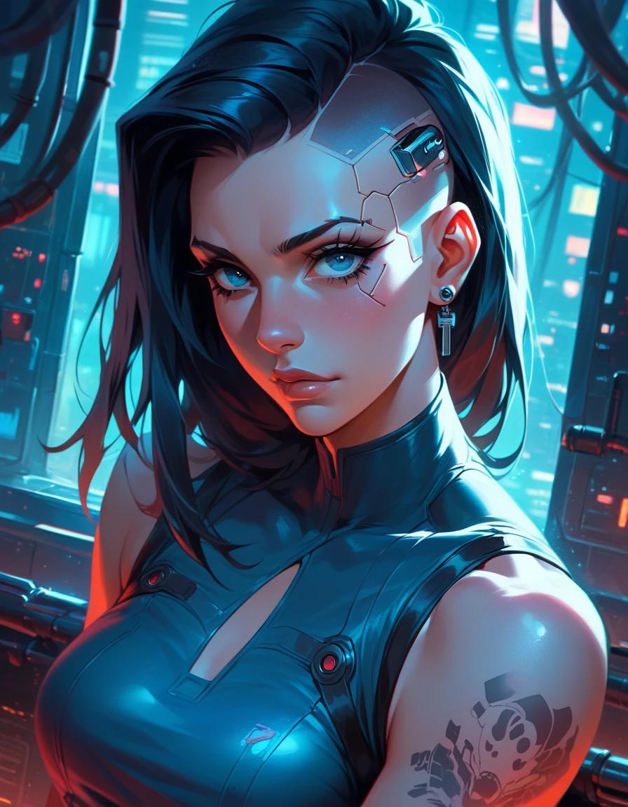 Digital illustration featuring a strong, confident woman with a futuristic and cyberpunk aesthetic. She has a fair skin tone, sharp facial features, and piercing blue eyes. Her long, dark hair is slicked back, and she has intricate tattoos covering her muscular arms. She is wearing a tight, black, sleeveless top and shiny, black gloves that extend past her elbows. The background is a dimly lit industrial setting with teal lighting, large windows, and visible pipes and cables, adding to the cyberpunk atmosphere.anatomically correct, super detailed, high quality, 4K