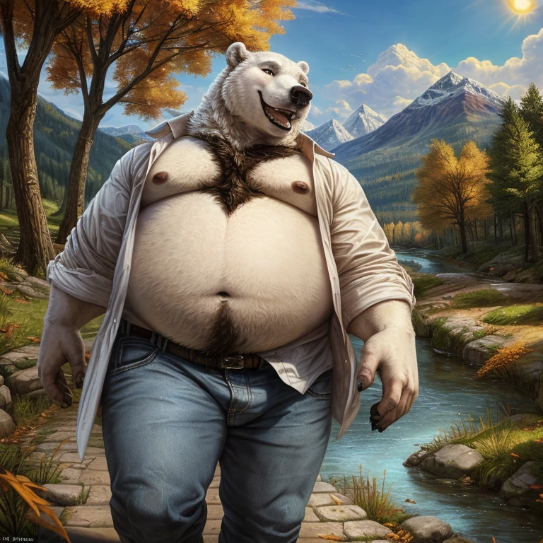 Obese, Overweight male, anthro, polar bear), barazoku, anthro, jeans, open shirt, outdoors, path, river, trees, falling leaves, sun, mountains, clouds, close up, (happy), (by rembrandt van rijn:1.1), (detailed background:1.2), (high detail:1.2),(masterpiece, 