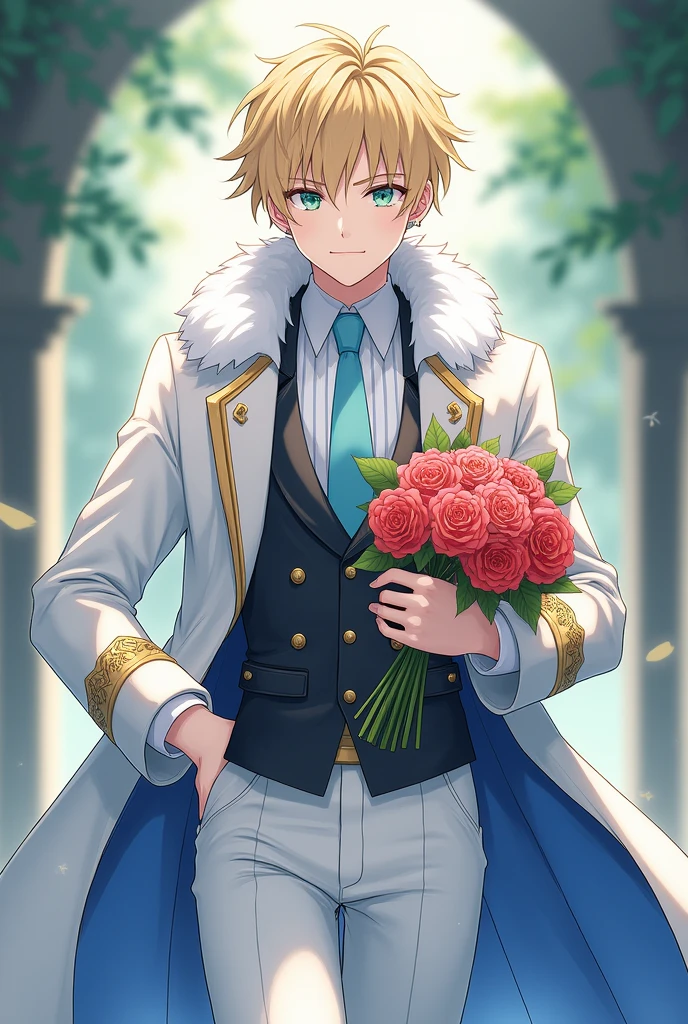  boy with golden hair, light sea green eyes white skin , Lean, with earrings in the ears, formal wear, white cover inside the cover fabric similar to blue silk, gold accents prendendo uma parte da ponta de cima da capa na outra,part of fur on the top and bottom of the coat,calça branca com gold accents na cintura , top of black clothes, gold accents, gravata azul clara com gold accents, sleeves of white clothes, pose with hand on waist showing part of white sleeve while holding a bouquet of roses in the other. アニメ