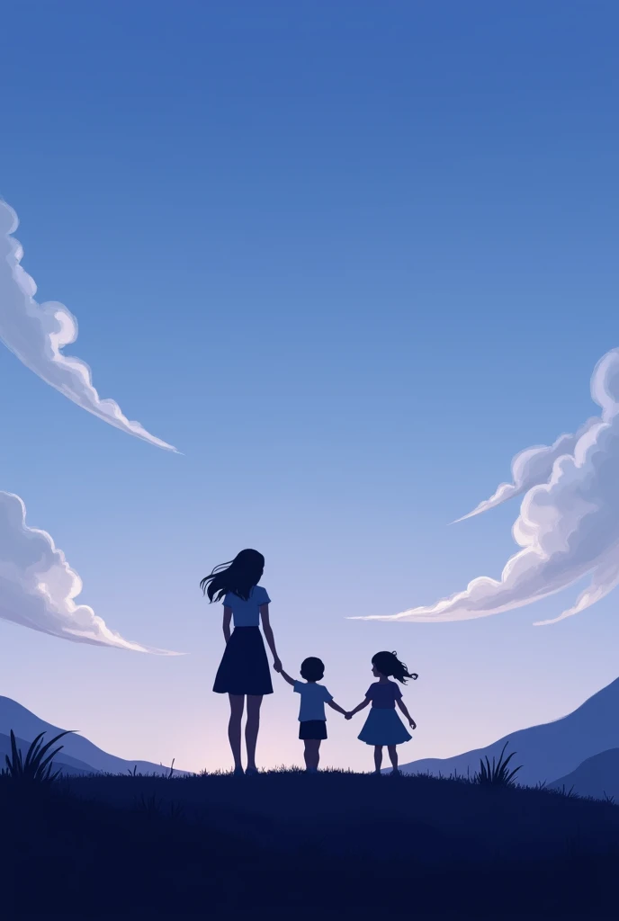  Simple landscape (no background details, but with gradient colors pulling towards the beginning of the night, a shade of blue, purple, clouds only), Simple SILHOUETTES of a woman and two children 