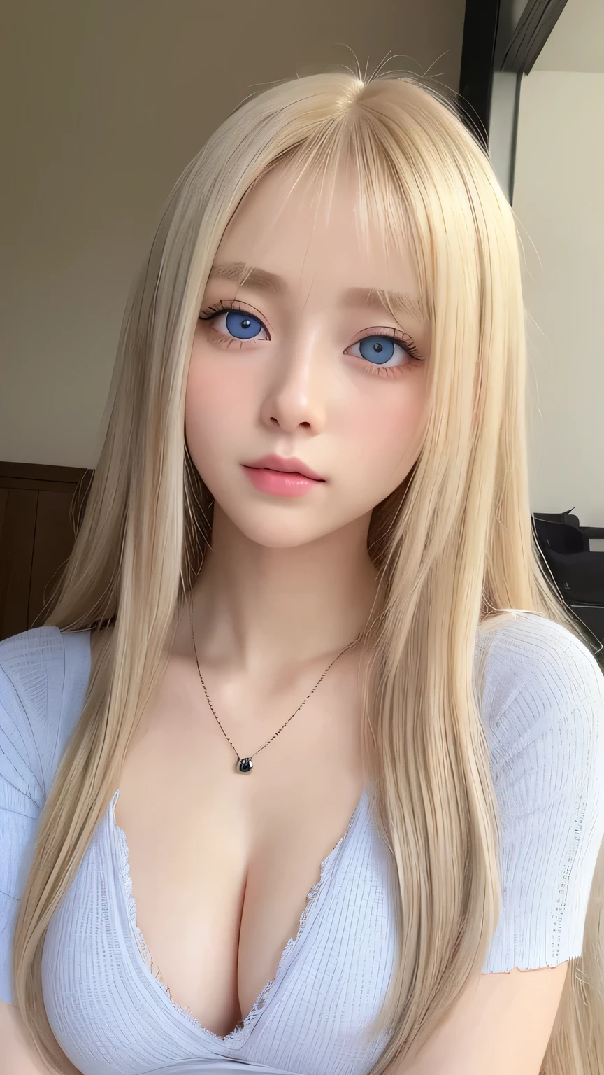 Realistic、Super Adoption、ung idol girl、Gazing into the distance、date、Round and young々Shii々Shii々Shii々Shii々Shii々funny Face、Bangs between the eyes、Accessories Full、necklace、big, clear, bright light blue eyes、Very big eyes、Long eyelashes、Big Breasts、Tight waist、light makeup、Beautiful Teeth、Embarrassed look。Shiny blonde hair、Super long, straight, silky platinum blonde hair、Beautiful girl with small face、Gloss Cheek Highlight、Browsing Caution,naked、(((naked, Perfect detail, Very detailed))),Show me your pussy、Random Pause