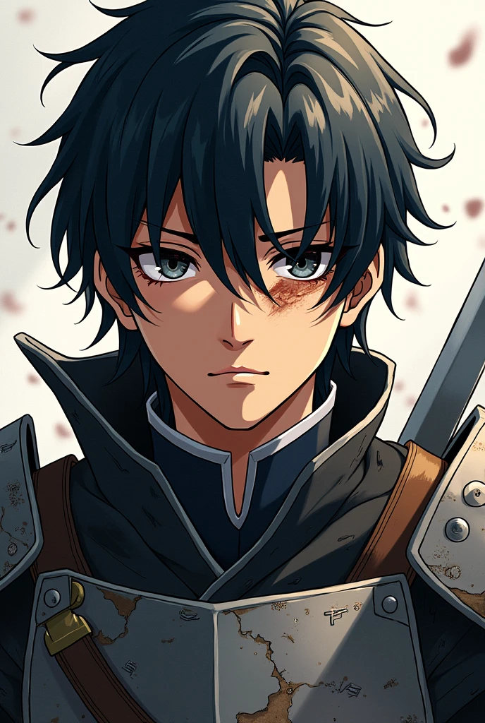 A 23 year old male with black eyes with long hair and a scar that runs across his cheek and down to his eye in an anime style with broken armor and a completely sad face., but with a look of determination.