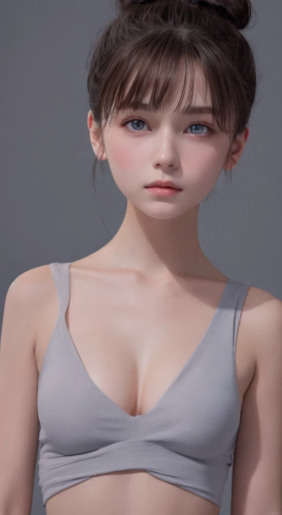 Tight black top:1.2, looking at the audience, Cinema lighting, perfect, soft light, High resolution skin:1.2, Realistic skin texture, 18 years old、a small face、No makeup,Off the shoulders,Bust G cup、blue eyes, bun, dark brown hair、Completely naked、gray background、