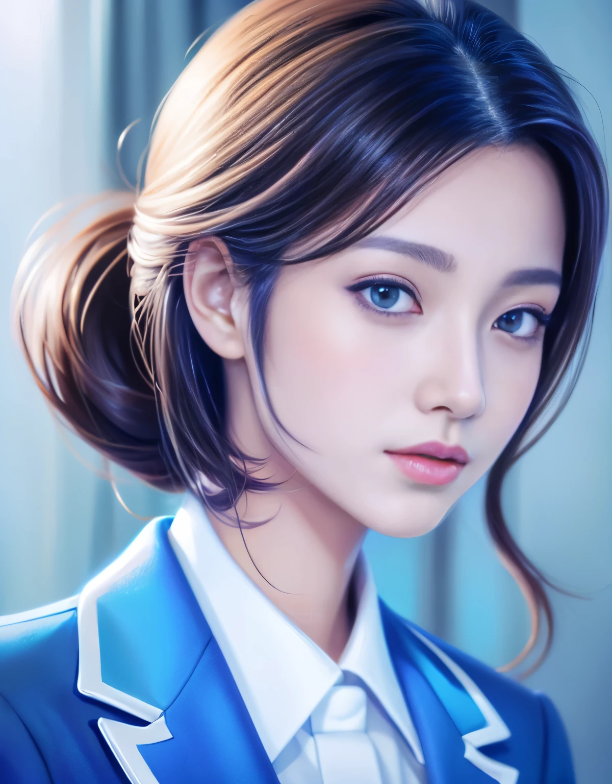Close up portrait of woman in blue suit and white shirt, Elegant digital art, High-quality portraits, Shiny digital painting, Digital Art Images, Beautiful digital art, Elegant digital painting, Portrait of a female idol in Japan, Beautiful digital painting, Realistic cute girl drawing, high quality digital painting, TWICE's Tzuyu, Professional Profile Photo, Japanese Girls