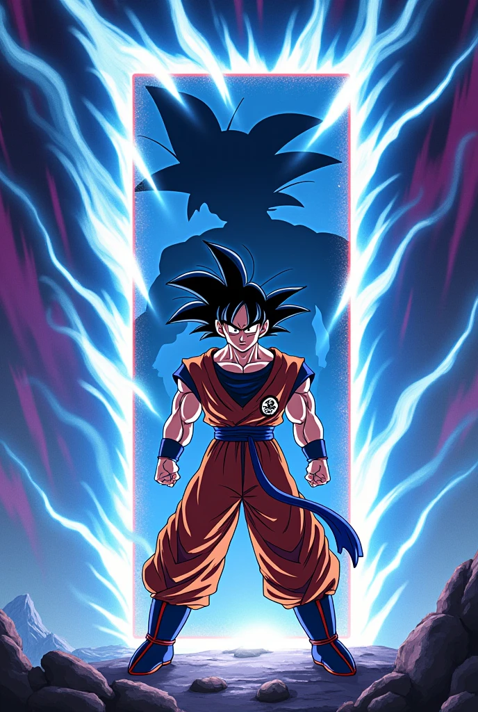 Dragon Ball Super card template with dynamic energy background. Swirling electric blue and purple effects with white light beams. Large white RECTANGULAR FRAME in the center with a red dashed border, oriented vertically to fit standard TCG card proportions. Dragon Ball logo at the top in yellow and red. To the right side of the rectangular frame, include a clear, detailed image of Goku from the FB03 set. Goku should be in his most recent or powerful form from that set, with a determined expression and dynamic pose. In the background, create a larger, shadowy silhouette of Goku or multiple Dragon Ball heroes, similar to the shadowy figure seen in the top left of the provided image. This shadow should be subtle but visible, adding depth to the overall design.
The background should have intense, swirling energy patterns radiating outward from the center frame, creating a sense of power and motion."