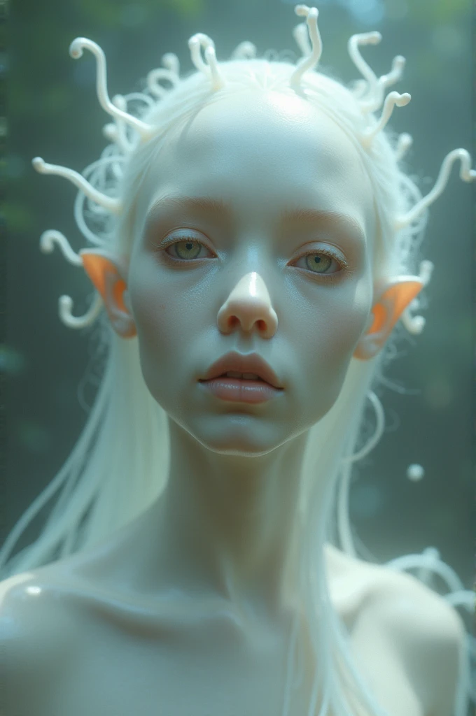 (masterpiece, best quality, 4k, dreamlike, hyperrealistic, Giger style:1.35), (strangely beautiful pale slimy translucent albino ageless immortal vulnerable tall slim androgynous male parasitic impotent god with beautiful eyes clawlike nails pointy teeth long hair flat chest male crotch bulge soft belly weak stomach, veins and internal organs show through:1.5)