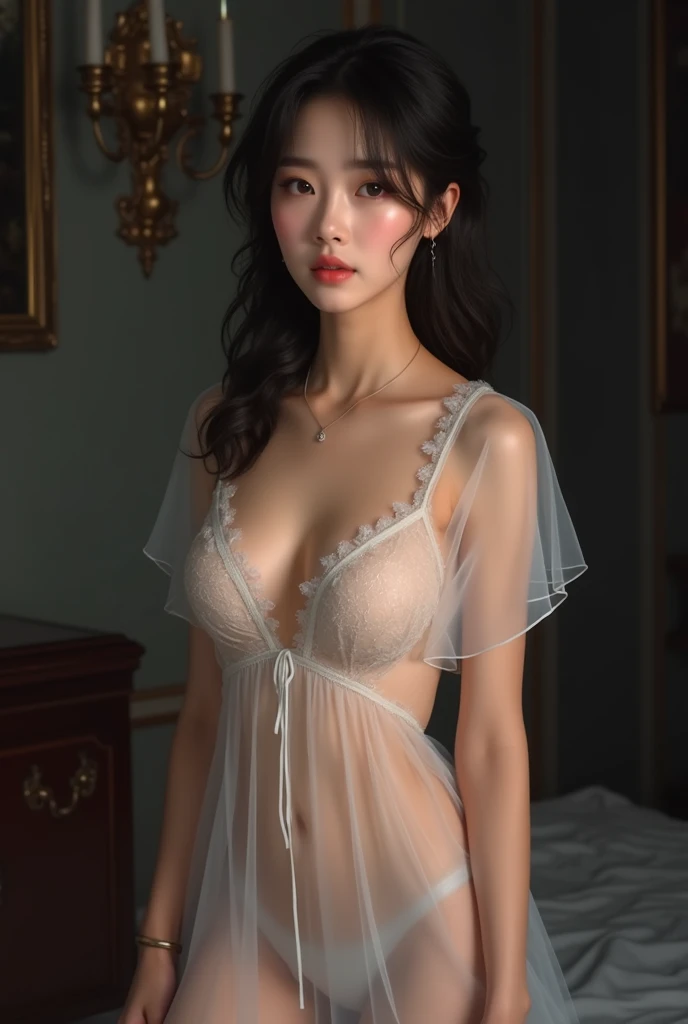 ((best quality)), ((masterpiece)), (detailed), Beautiful Korean girl, see through night dress, cute,deep cleavage,full body,white ,sexy,not skinny,kpop