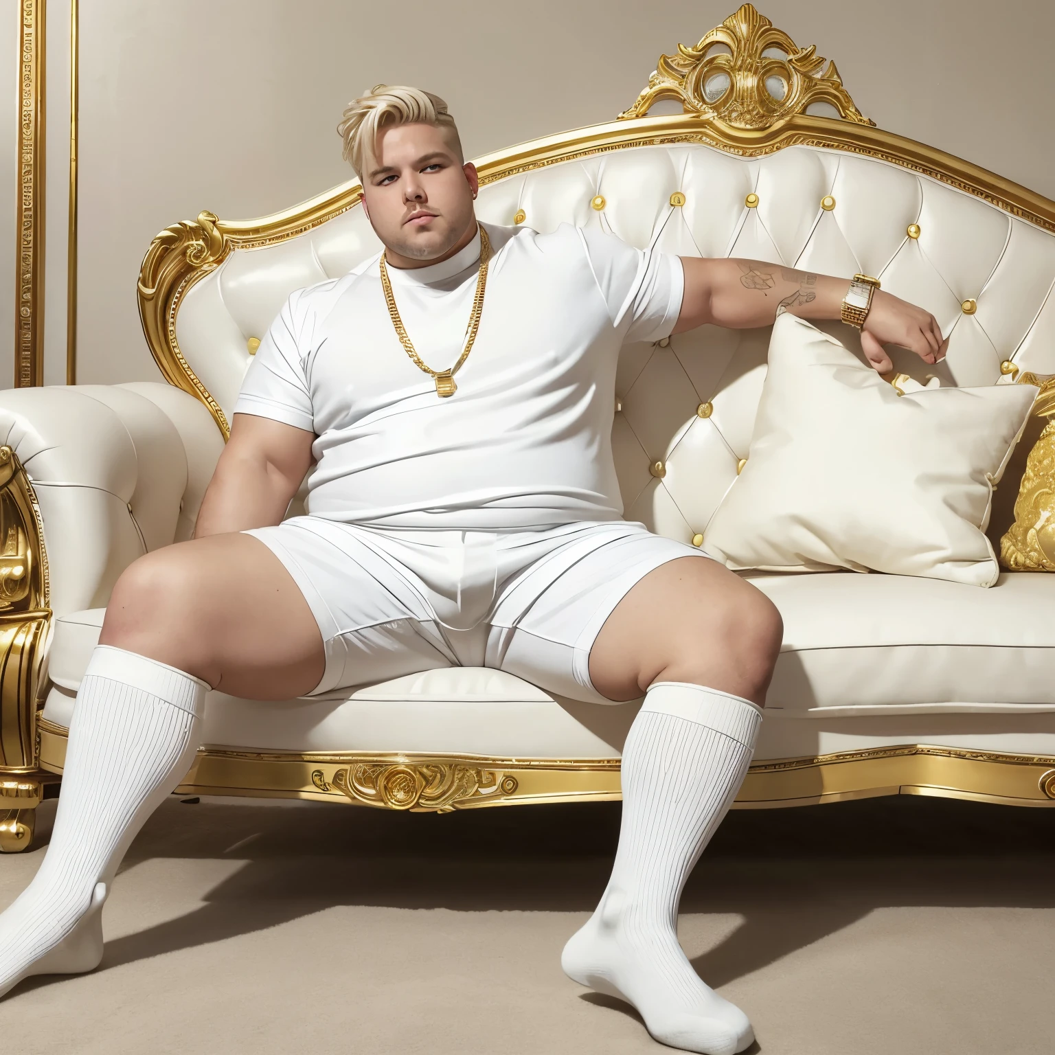 full view, one 30 yo fat chubby wealthy light-blond ex-model male, looking arrogant, with highly stylished undercut platinum blonde haircut, wearing white fashionable chunky loafers, white high long socks, white shorts, dozens of golden rings, golden chains, golden necklaces, diamond watch, lying on white fur couch, manor ancient luxurious bedroom