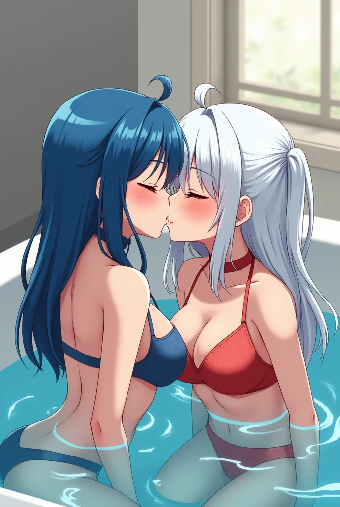two lesbians kiss each other passionately, ANIME BATHTUB SEXY VERY HOT GIRL FIRST ONE BLUE HAIR SECOND ONE WHITE HAIR VERY TIGHT CLOTHES DIFFERENT COLOR CLOTHES AND MAKE THEM HOLD EACH OTHERS ASS AND BREAST AND ON TOP OF EACH OTHER MAKE THEN KISS HARDER AND VERY CLOSE TO EACH OTHER AND 1 GIRL PUTTING HER ARM INSIDE OTHERS BOOBS AND SWEATING