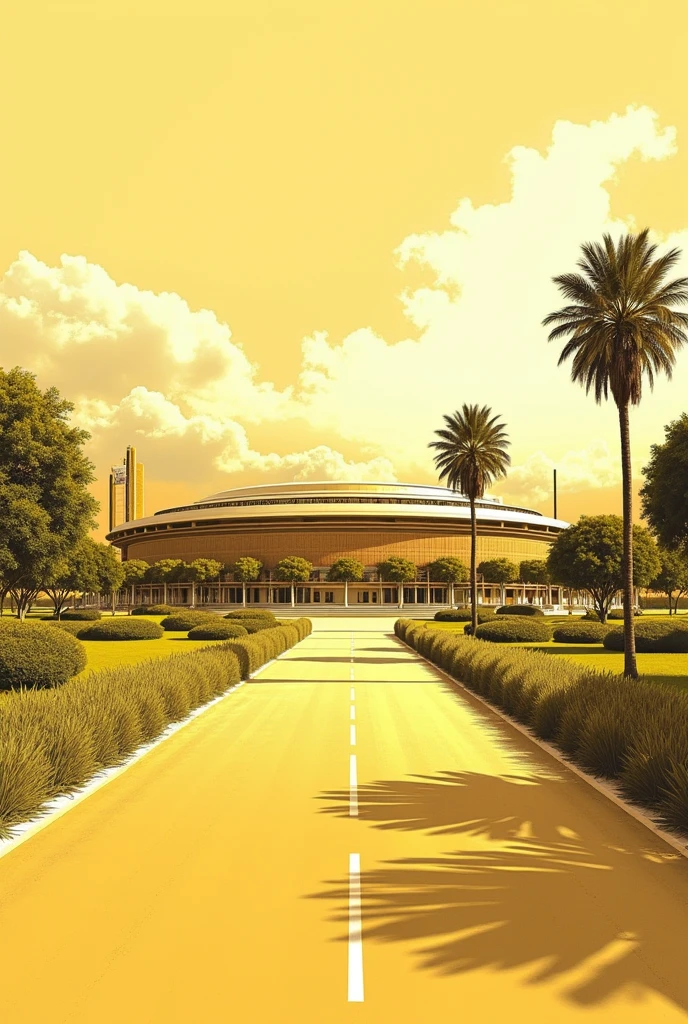 CREATE A HORIZONTAL URBAN PROFILE THAT REPRESENTS SUSTAINABILITY AND TOURIST ATTRACTION, PARADISE AND AESTHETICS, REDUCING USE OF LOCAL RESOURCES, ENVIRONMENTAL EDUCATION AND AWARENESS AND PROMOTION OF HEALTHY LIFESTYLE FOR A MAIN ROAD CONSIDERING THAT THE PROJECT IS AN OLYMPIC STADIUM WITH A RECTANGULAR SHAPE THAT ON THE OUTSIDE IS A SPORTS COMPLEX THAT EXPANDS AROUND THE STADIUM, THEREFORE THE IMAGE SHOULD BE A MONOCHROME ILLUSTRATION TYPE IN YELLOW.