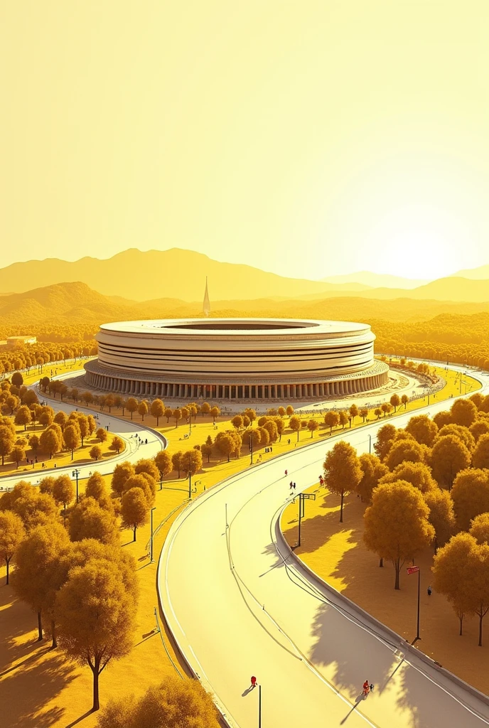 CREATE A HORIZONTAL URBAN PROFILE THAT REPRESENTS SUSTAINABILITY AND TOURIST ATTRACTION, PARADISE AND AESTHETICS, REDUCING USE OF LOCAL RESOURCES, ENVIRONMENTAL EDUCATION AND AWARENESS AND PROMOTION OF HEALTHY LIFESTYLE FOR A MAIN ROAD CONSIDERING THAT THE PROJECT IS AN OLYMPIC STADIUM WITH A RECTANGULAR SHAPE THAT ON THE OUTSIDE IS A SPORTS COMPLEX THAT EXPANDS AROUND THE STADIUM, THEREFORE THE IMAGE SHOULD BE A MONOCHROME ILLUSTRATION TYPE IN YELLOW.