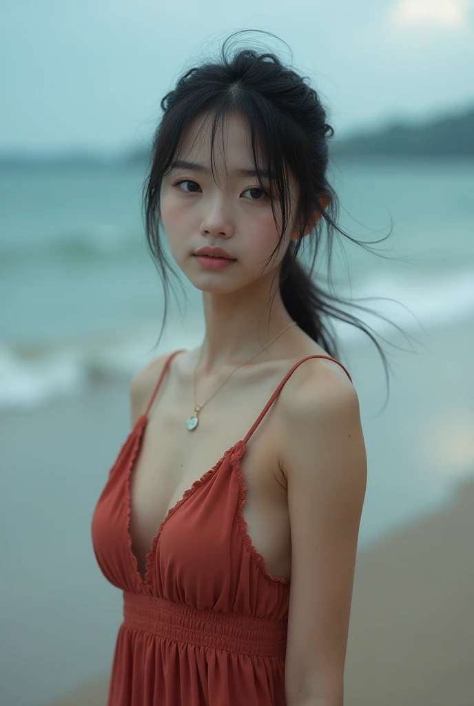 (((One girl,alone))),(Highly realistic photos, High resolution, Detailed face, Beautiful Eyes) 30 years old, Big eyes, Nice body, Medium chest, ,Hairstyle, Healthy Body,Thighs、The most beautiful face in Asia、Depth of written boundary,Narrow eyes,Light Smile、Wind、It&#39;s raining a little、Body like a model、Waterfront、Dark Shadow、Dark Sky、Sit down and spread your legs,(ビキニスタイルのBeachバレーユニフォーム:1.5),Beach