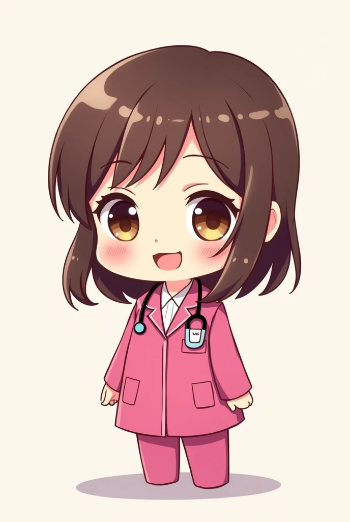 Little chibi doctor with shoulder length brown hair, big brown eyes with fuchsia uniform
