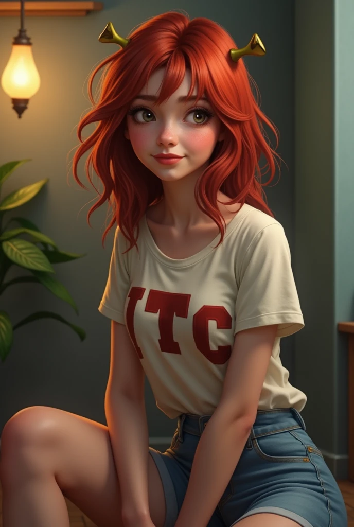 Shrek woman sitting with high school student clothes that says I T C and has to have slanted and seductive eyes. And she must also have red hair. Shrek woman not too much sexy