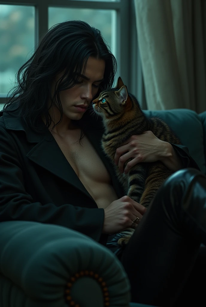 A sexy male with delicate facial features, black long hair, and teal blue eyes. His skin is so white and pale. He is wearing a long black trench coat and black shiny leather jeans. He is sitting on a sofa with a cat, suddenly, the cat begins kissing his forehead.