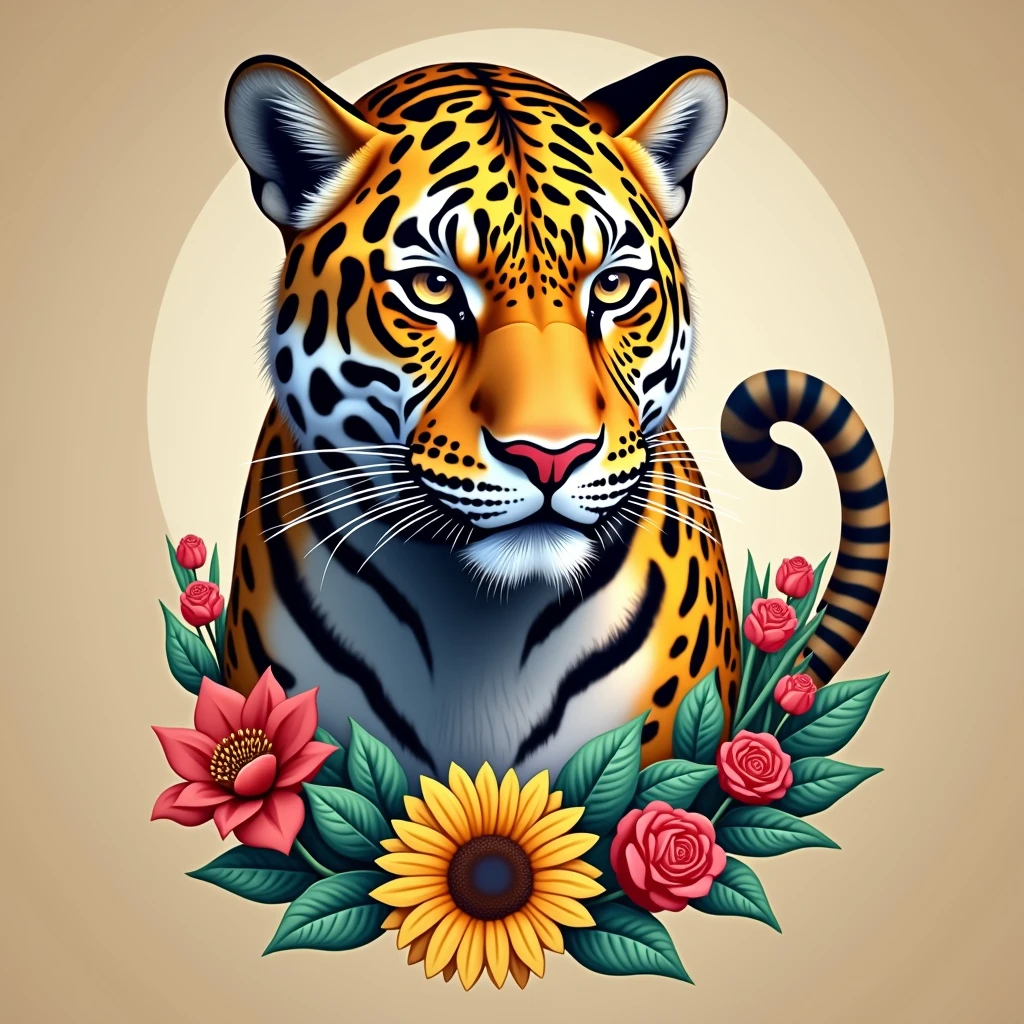 Create a fantastic Amazonian jaguar,inside a frame made of flowers,tail of jaguar,tail in the background. A mix of jaguar and tiger,leopard spots on the face, flowers in the head, sunflower, lilies, daisy, roses, color full, rainbow colours,spectacular, vibrant, no signature, no watermark,t-shirt art