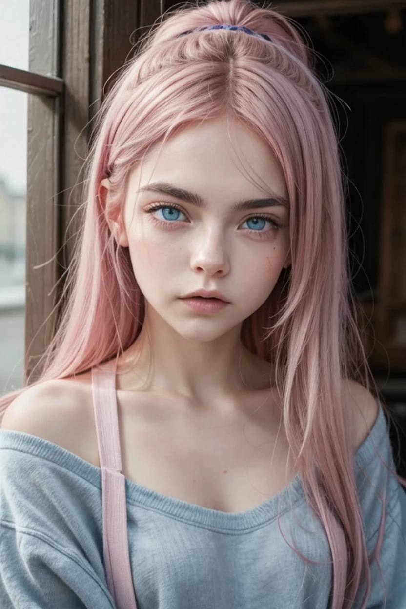 create a girl like cara delavigne with pink hair and blue eyes full shot for instagram