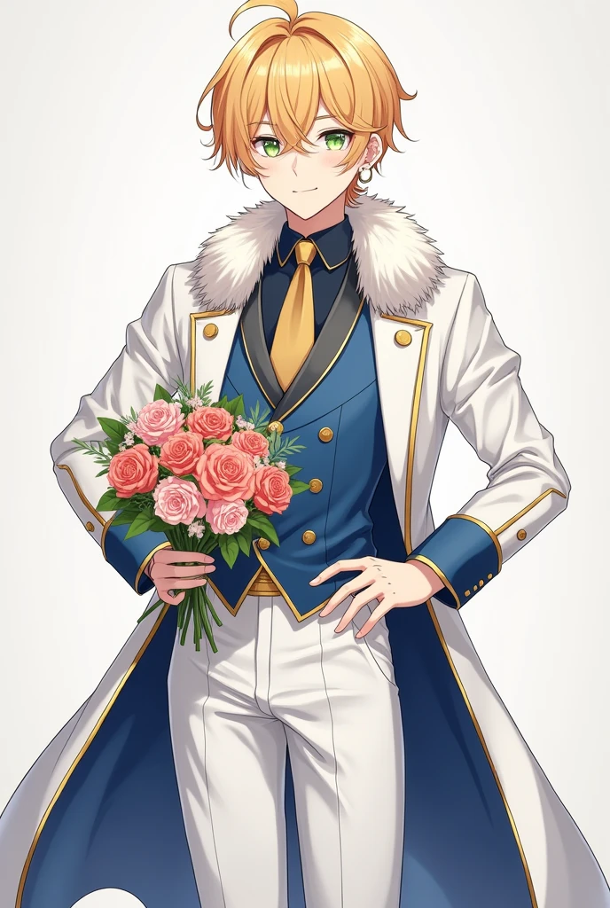 17 year old boy with golden hair, light sea green eyes white skin , Lean, with earrings in the ears, formal wear, white cover inside the cover fabric similar to blue silk, gold accents prendendo uma parte da ponta de cima da capa na outra,part of fur on the top and bottom of the coat,calça branca com gold accents na cintura , top of black clothes, gold accents, gravata azul clara com gold accents, sleeves of white clothes, pose with hand on waist showing part of white sleeve while holding a bouquet of roses in the other, confident personality,affectionate,expert, caring.while smiling . アニメ