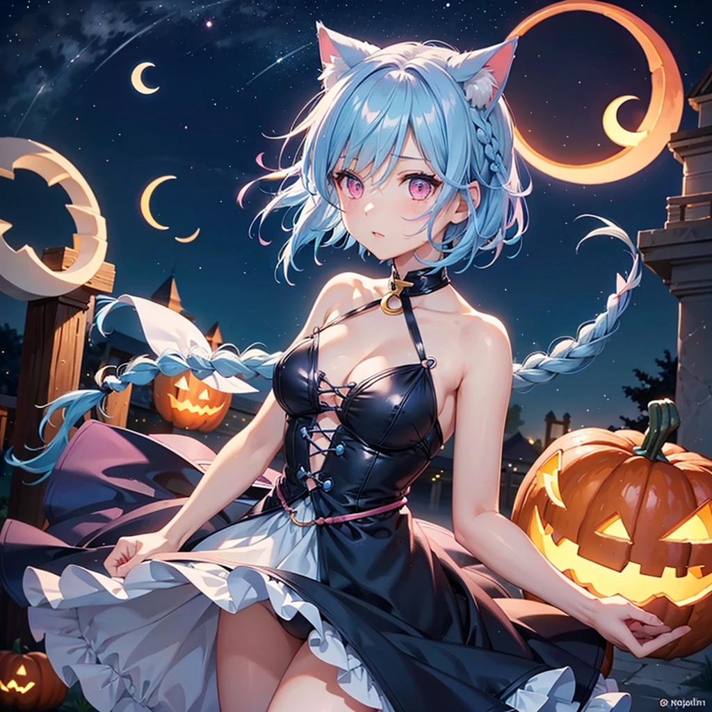 (Sky blue hair),(Braided short hair), (Pink Eyes),Fair skin) ,(whole body),(One Girl),(Crescent Moon),(There are lots of pumpkin ghosts in the background),Cat ear,Cat's Tail,Sailor Moon clothes,(Ahegao),(Fall into Darkness),If you don't give me sweets, I'll play a prank on you.),Halloween Night ),(masterpiece, Highest quality, Very detailed, Best Shadow), (Detailed Background), (Beautifully detailed face), High Contrast, (Best lighting, Very delicate and beautiful), ((Cinematic Light)), Hyper Detail,8k, Dramatic Light, Intricate details,night,(Bats flying in the background),Pumpkin handbag,There are sweets in the bag,