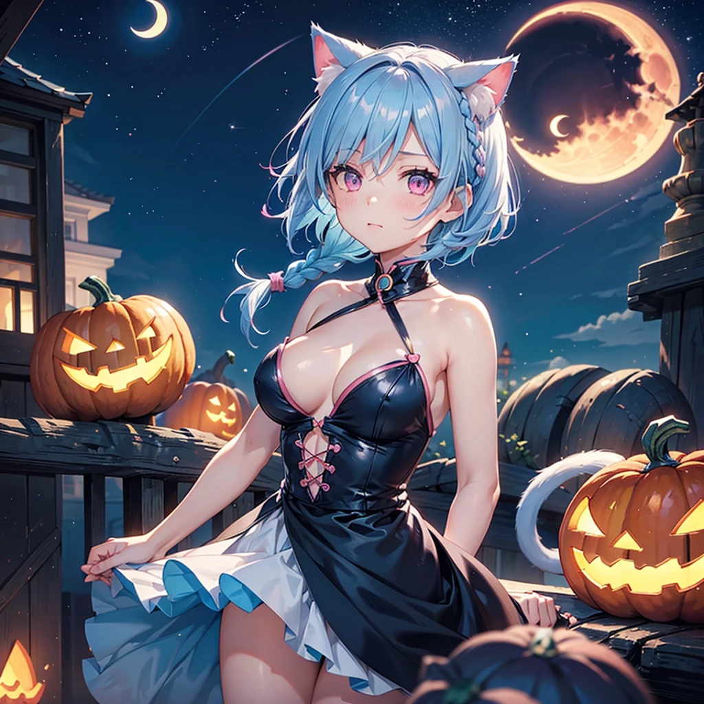 (Sky blue hair),(Braided short hair), (Pink Eyes),Fair skin) ,(whole body),(One Girl),(Crescent Moon),(There are lots of pumpkin ghosts in the background),Cat ear,Cat&#39;s Tail,Sailor Moon clothes,(Ahegao),(Fall into Darkness),If you don't give me sweets, I'll play a prank on you.),Halloween Night Party),(masterpiece, Highest quality, Very detailed, Best Shadow), (Detailed Background), (Beautifully detailed face), High Contrast, (Best lighting, Very delicate and beautiful), ((Cinematic Light)), Hyper Detail,8k, Dramatic Light, Intricate details,night,(Bats flying in the background),Pumpkin handbag,There are sweets in the bag,