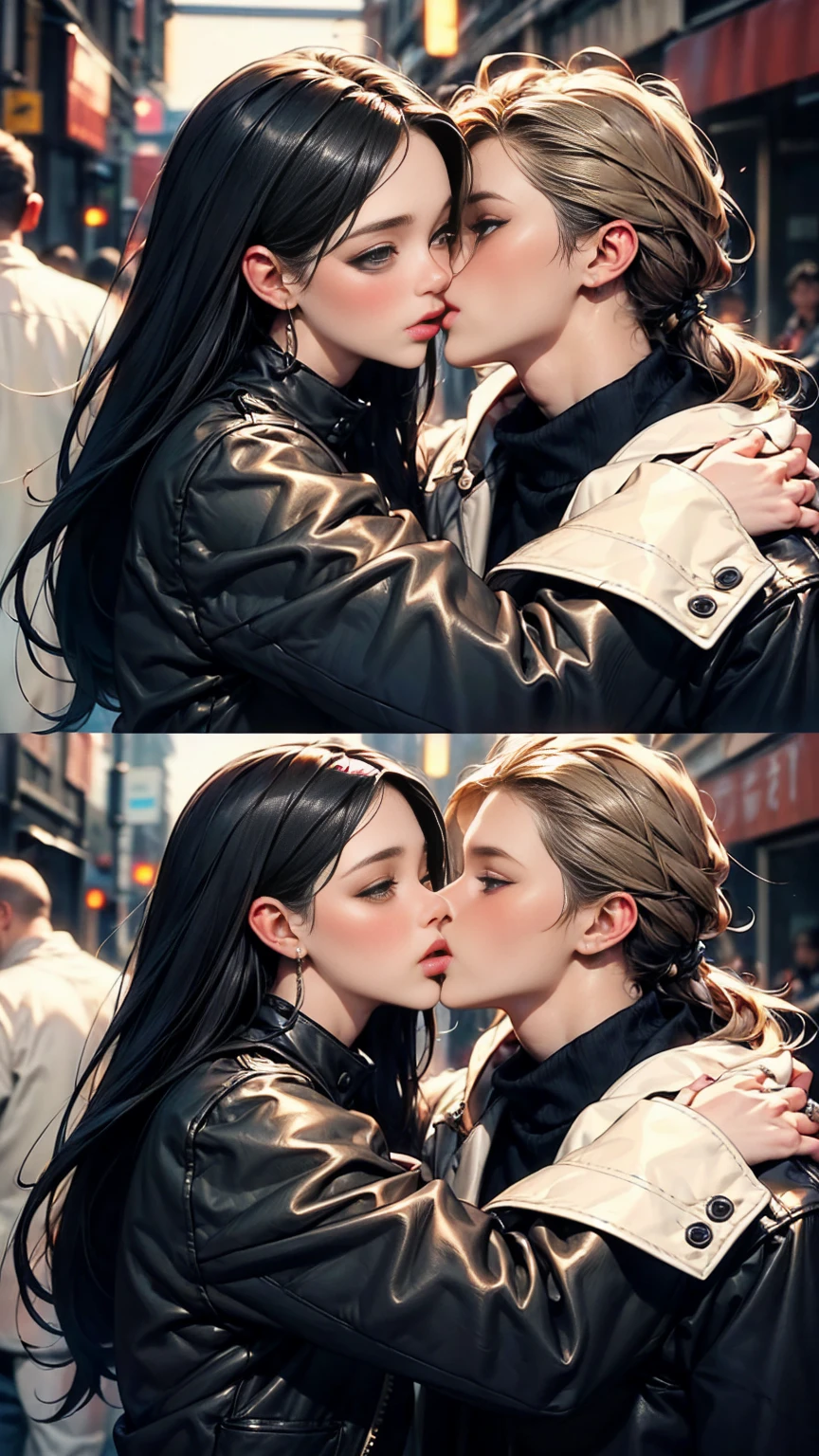 anatomically correct:1.3, 8K high resolution and sharp image. The image must be super original and complex, with a variety of beautiful and vibrant colors.(masterpiece, Best Quality),Incredibly beautiful young heterosexual couple kissing face to face on the streets, This illustration captures a beautiful radiant punk style., flowing hair... dressed in Mad Max style, He wears a leather pilot's cap adorned with intricate ornamentation, a torn leather jacket covering his torso adorned with numerous metal studs and ornaments. Her outfit is completed with punk-inspired pants and combat boots.....She poses dynamically and sensually..., her captivating expression, radiating an aura of confidence and defiance. The backdrop to this masterpiece is nothing short of epic....,at night, showing a destructive scene of apocalyptic explosions, 32K.of_DeepNegative_v1_75t