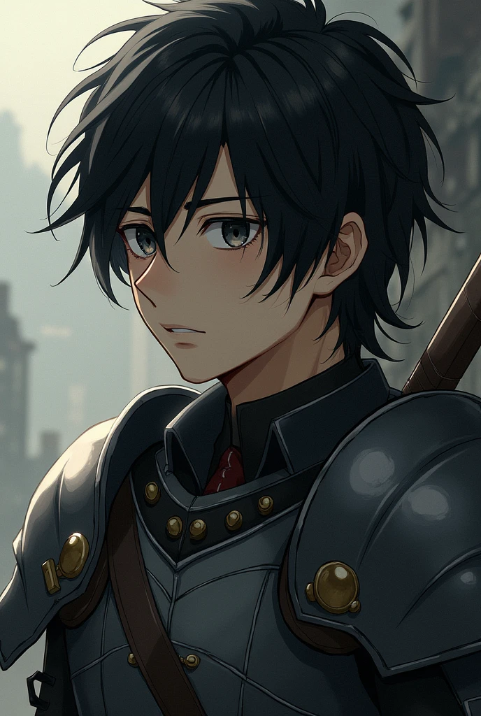 A 23 year old male with black eyes with long hair and a scar that runs across his cheek and down to his eye in an anime style with broken armor and a completely sad face., but with a look of determination.